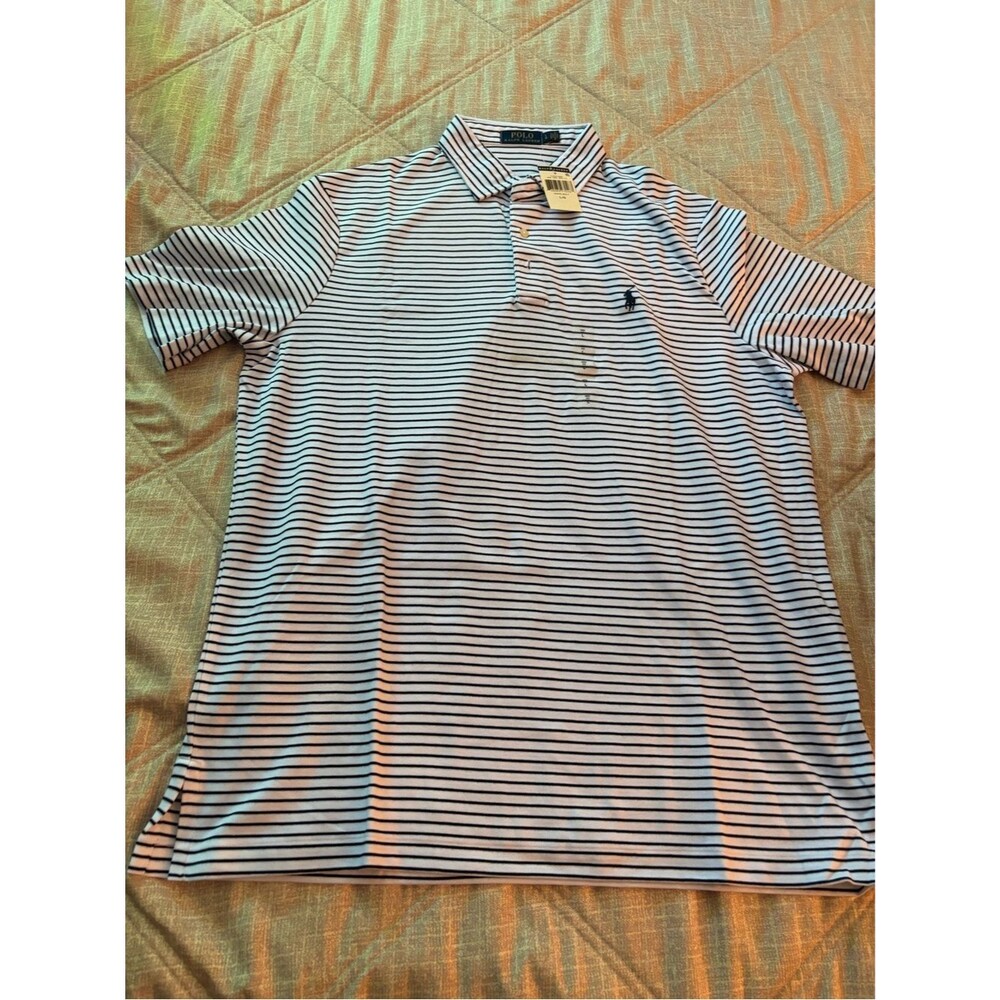 Polo Ralph Lauren: Mens White/Black Striped T-Shirt, Size L/G — Unused, NWT